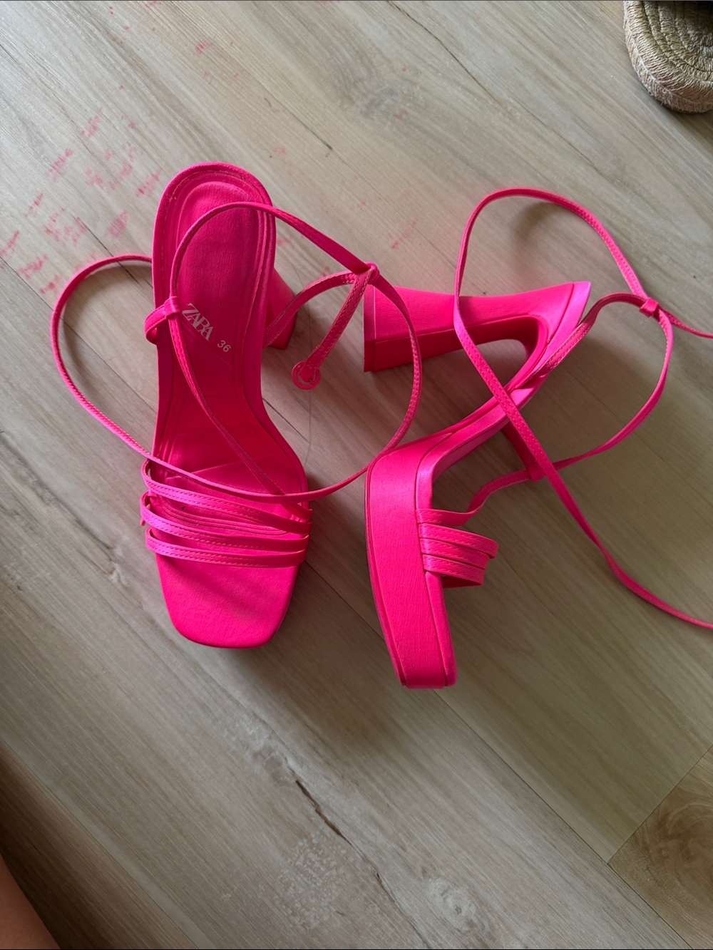 Zara Neon Pink Strappy Block Heel Sandals
